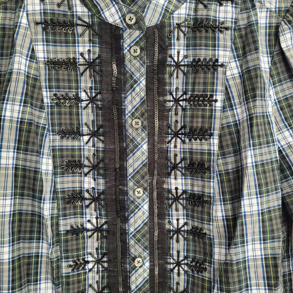 J Crew Embellished Button-Up Shirt in Forest Tartan Glen Plaid Size Petite S - Picture 5 of 7